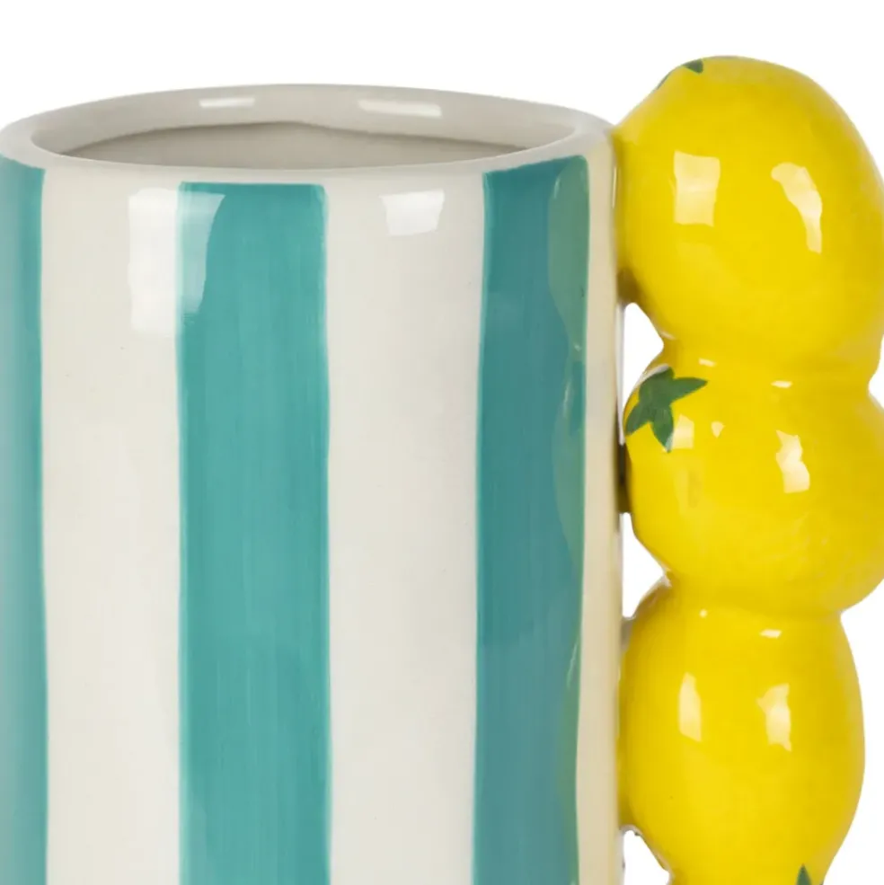 Vase citron en dolomite rayé turquoise et jaune h21cm - Medi