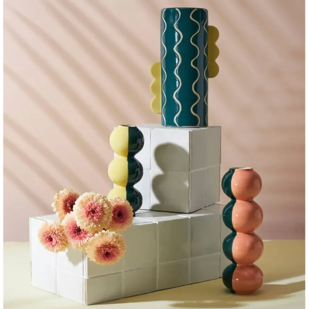 Vase cylindrique en grès émeraude et jaune h30cm - Lumi